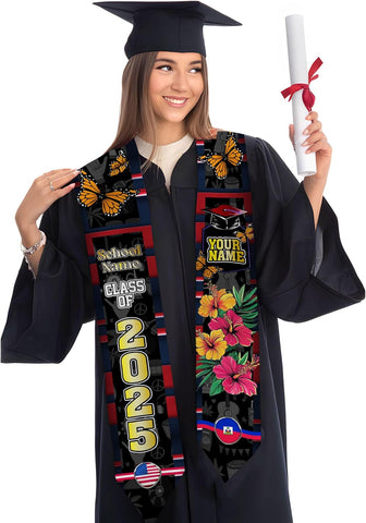 Pretyprints Haitians Graduation Sash, Haiti Graduation Stole Custom, Personalized Haitians American Flag Graduation Sash 2025