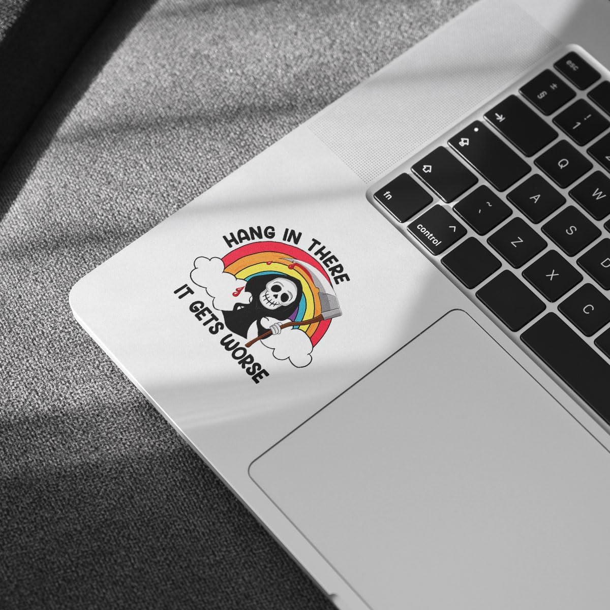 3 Pcs Hang in There It Gets Worse Sticker, Cute Grim Reaper Creepy Cute Mental Health Sarcastic Joke Rainbow Hang in There It Gets Worse Stickers for Laptop Bottle Phone Car Helmet 3"x3"