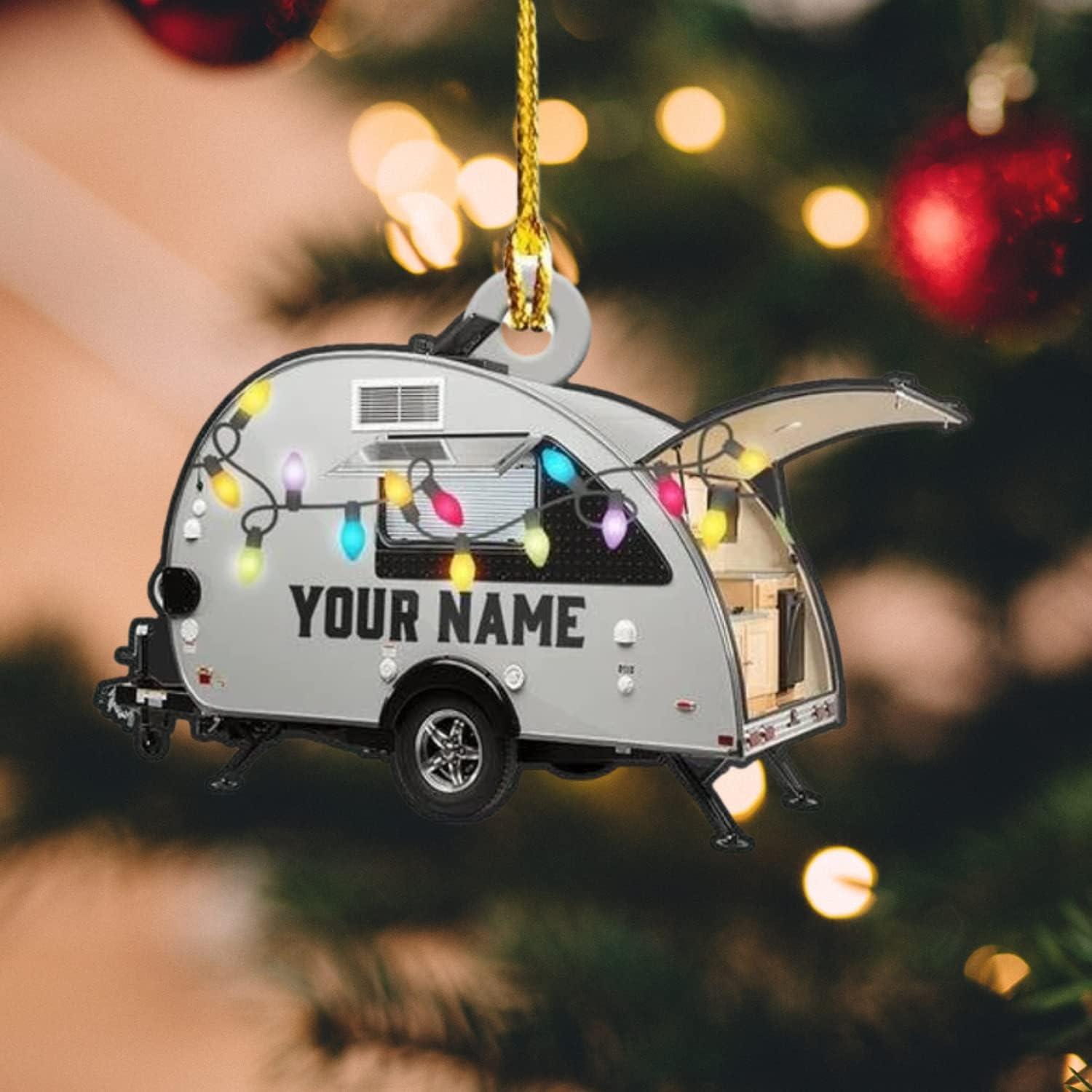 Personalized Camping Ornament, Camping Wood Plastic Ornament Travel Trailer Shaped Acrylic Ornament, Gifts for Camping Lovers, Him, Her, Camping Christmas Ornament, Christmas Tree Decor (CP5)