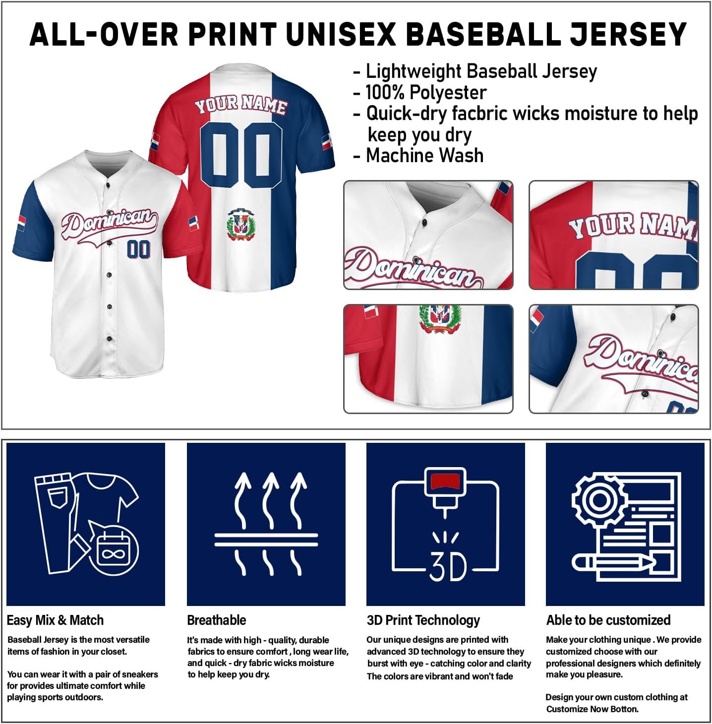 Personalized Dominican Republic Baseball Jersey Shirt,Team Name Republic Dominicana Baseball Jersey for Men and Women