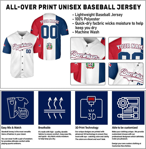 Personalized Dominican Republic Baseball Jersey Shirt,Team Name Republic Dominicana Baseball Jersey for Men and Women