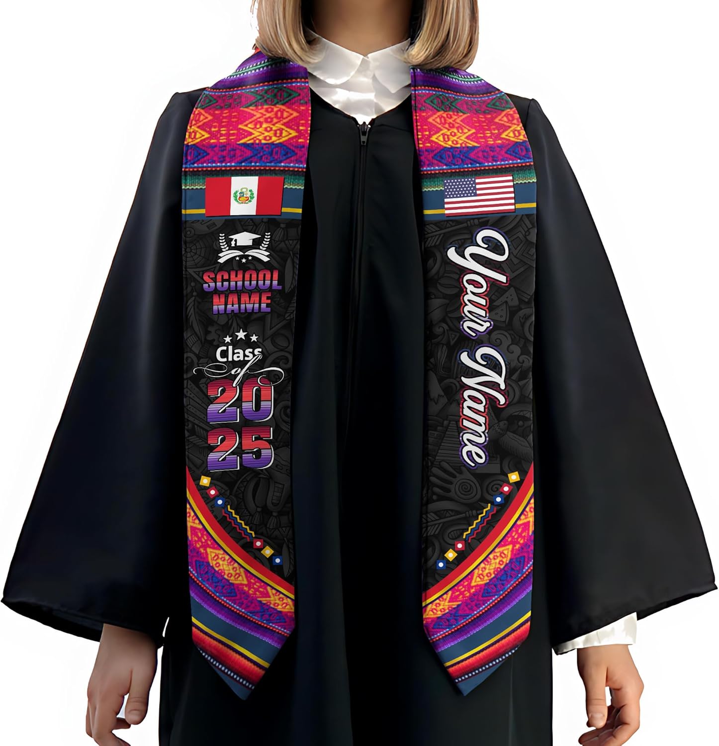 Pretyprints Peruvians Graduation Sash, Peru Graduation Stole Custom Personalized Peruvians American Flag Graduation Sash 2025