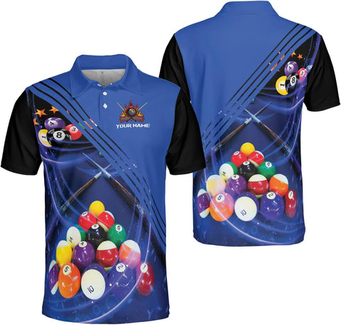 AOVL Personalized Name Billiard Polo Shirt Billiard Shirts Custom Billiard Flag Polo Shirt Men's Pool Billiard Gifts for Dad