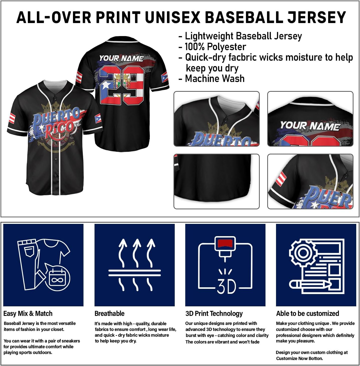 Personalized Puerto Rico Baseball Shirt,Customized Team Name Puerto Rican Baseball Jersey for Men,Women S-5XL