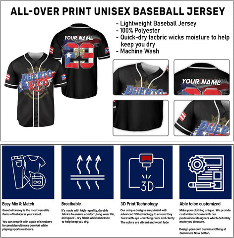 Personalized Puerto Rico Baseball Shirt,Customized Team Name Puerto Rican Baseball Jersey for Men,Women S-5XL