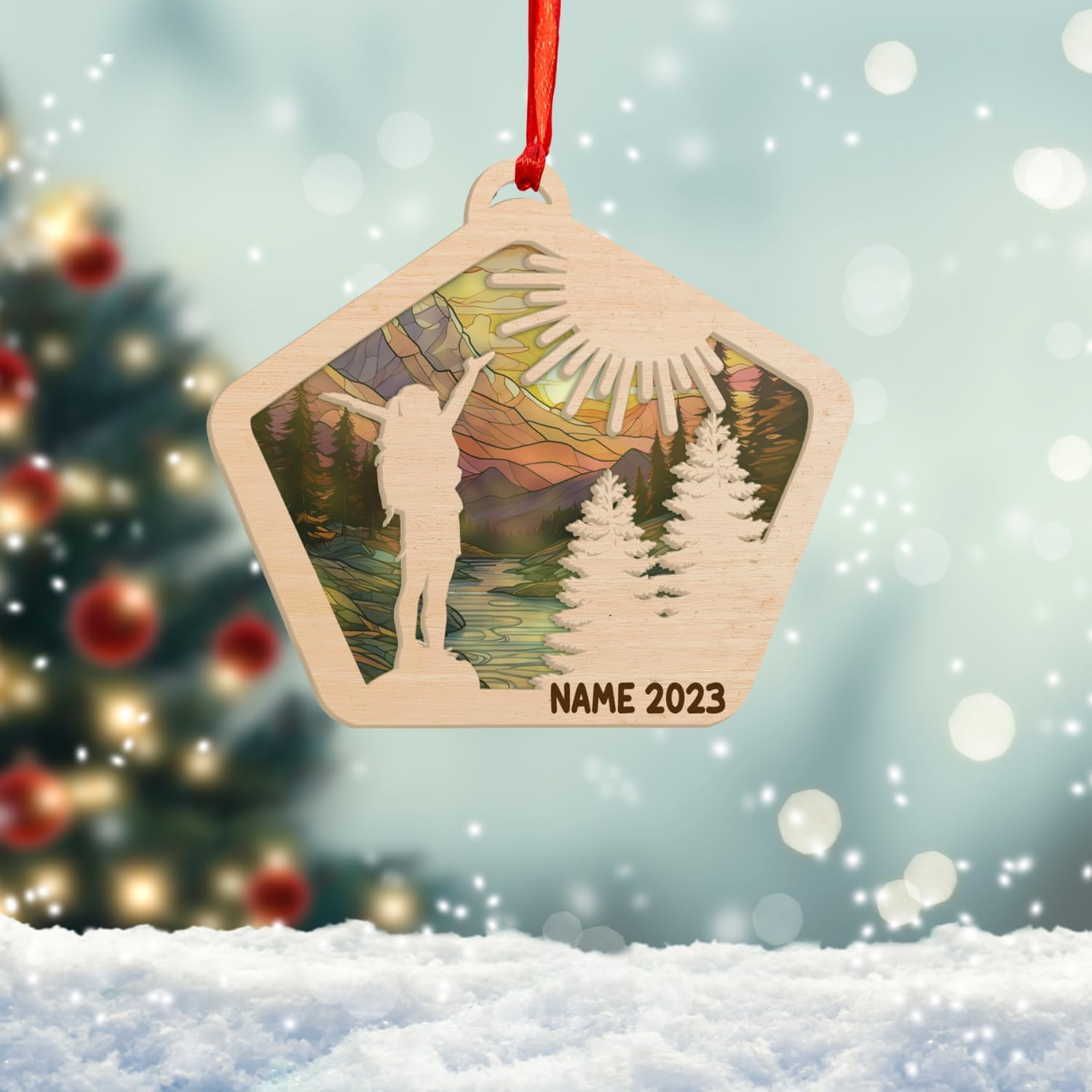 MAPrints Personalized Mountain Hiking Suncatcher Ornament, Hiker Ornament, Printed Wood Sport Christmas Ornament, Gifts for Hiking Lovers Hiking Backpack, Hanging Ornament for Christmas 2024 (Hiki 8)