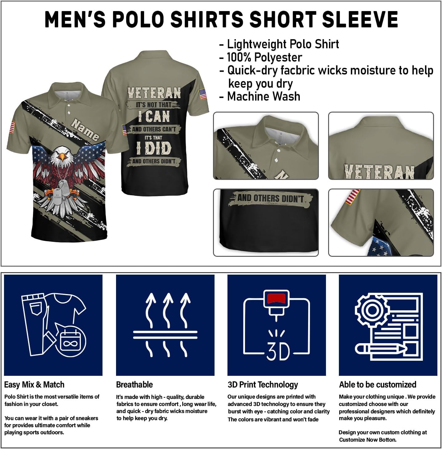 Veteran Polo Shirt for Men Custom US Army Polo Shirts Military Veterans Pride American Flag Gifts Memorial Day Army Shirts