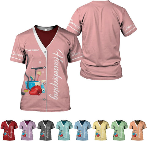 Personalized Housekeeping Shirts, Custom Cleaning Uniforms for Women 3D Cleaning Service Gifts Housekeeper Shirt Clean Lady