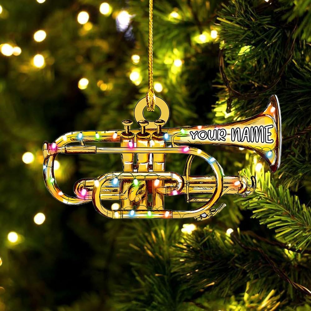 MoonArt Trumpet with Christmas Hat Personalized Trumpet Ornament for Christmas Tree Trumpet Christmas Ornaments for Trumper Player Acrylic Flat 2D Music Instruments Ornaments Music Band (TRP10)