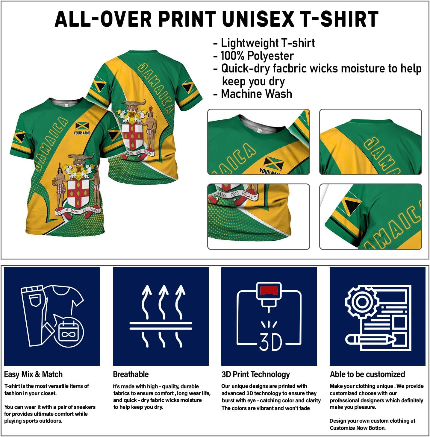 Ligthuy Personalized Jamaica Shirt 3D, Custom Jamaica Flag Lion Shirt for Men and Women, Jamaican Pride T-Shirt Unisex