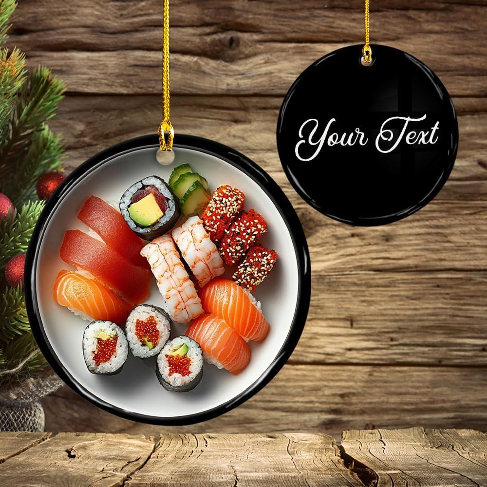 Brevnex Personalized Sushi Christmas Tree Ornament, Sushi Ceramic Ornament, Sushi Lover, Foodie Ornament, Japanese Sushi Hanging Decor Funny Sushi Roll Themed Ornaments Sushi Gifts (Sushi 3)