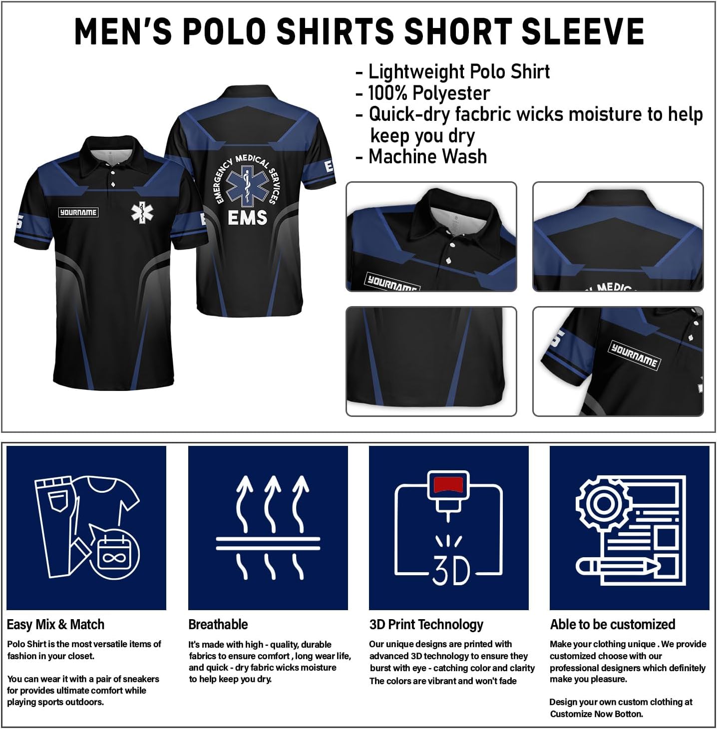 Custom EMS EMT Polo Shirts Men Women, Personalized Paramedic Uniform Emergency Medical Technician Apparel, EMS Week Gifts