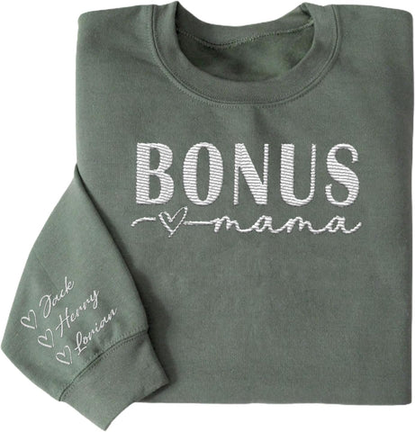 Riveprints Personalized Bonus Mama Embroidered Sweatshirt, Bonus Mom Sweatshirt for Stepmom Step Mama Gifts Mother's Day 2024
