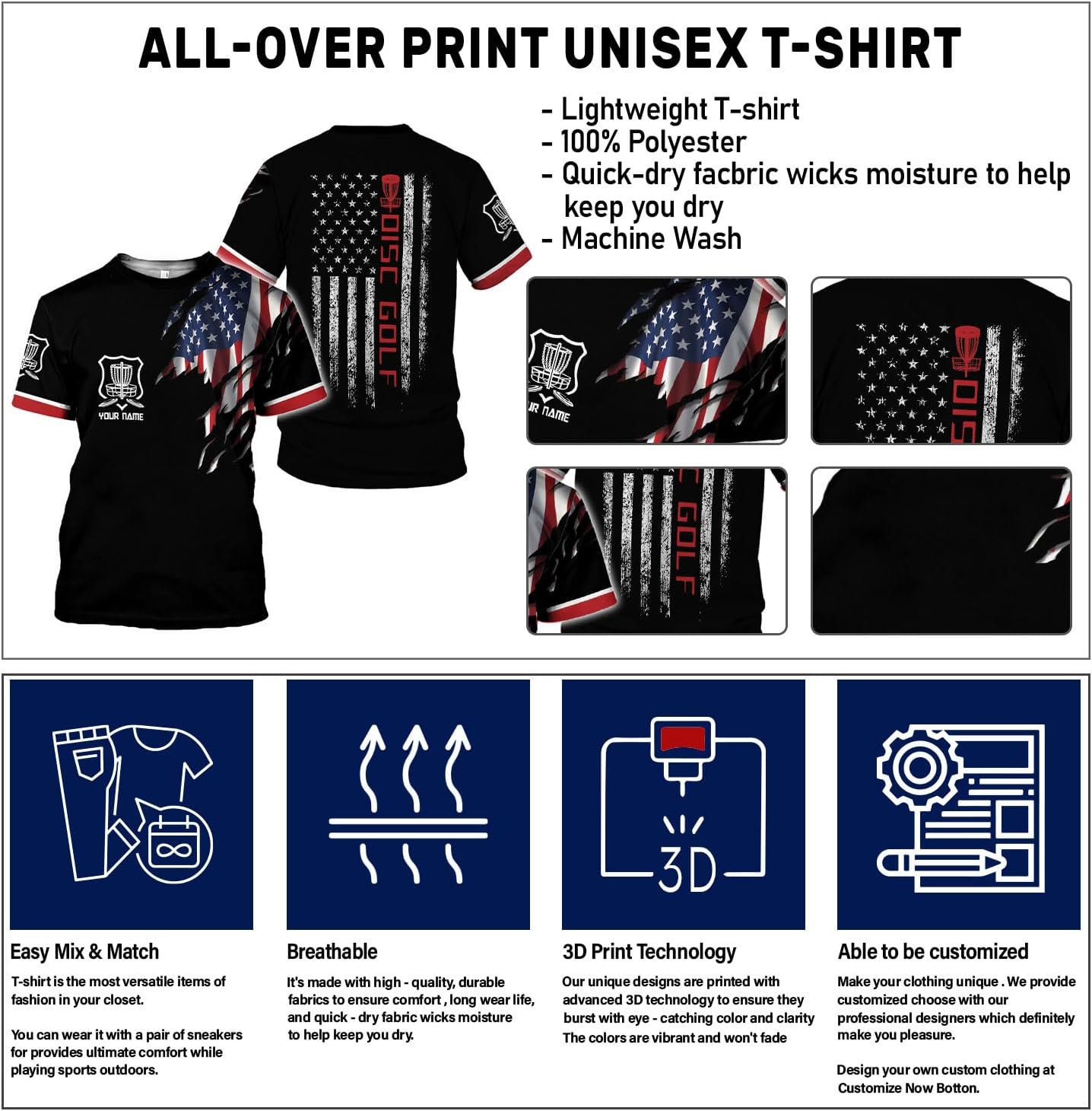 Personalized Disc Golf T-Shirt 3D All Over Printing S-5XL, Disc Golf Shirts for Men, Mens Disc Golf Tee Shirt