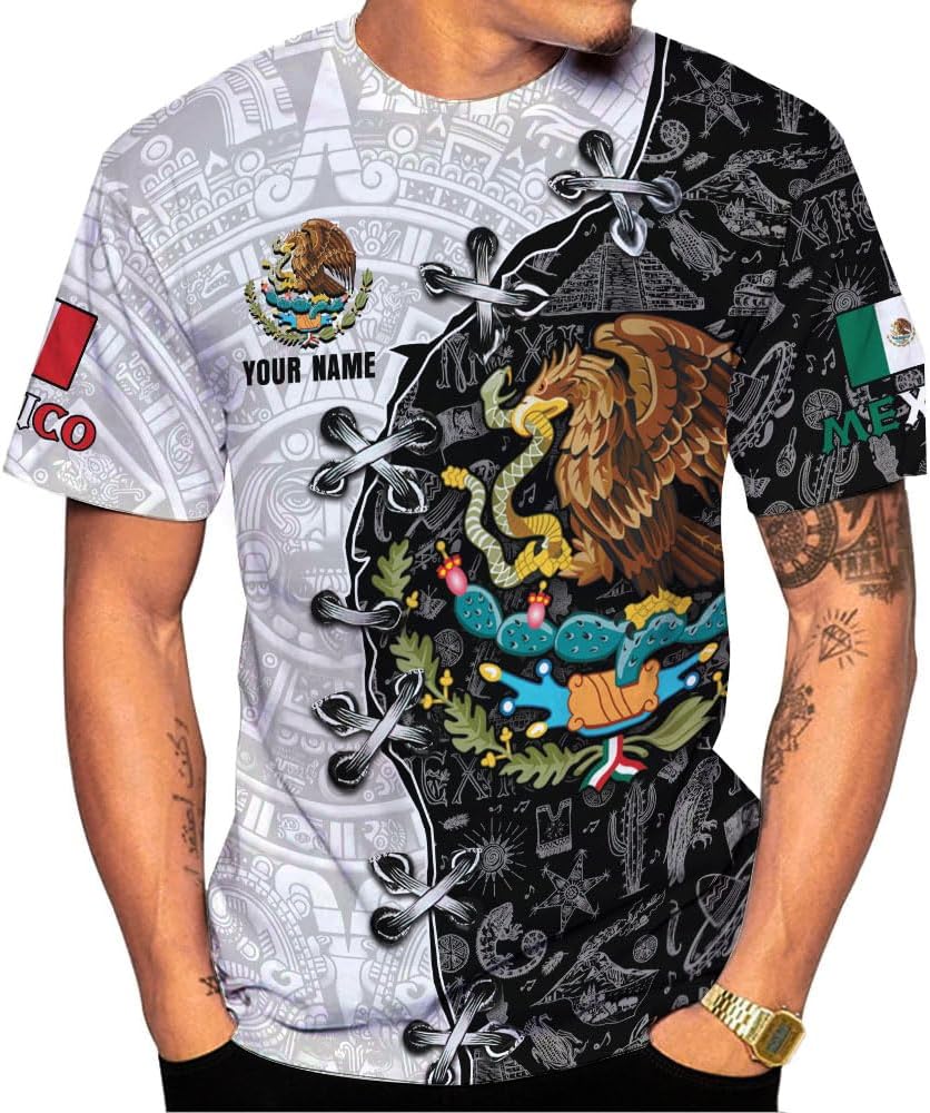 HomeDesign Custom Mexico Shirts Personalized Name Mexican 3D Flag Shirt for Men Women Aztec Unisex US Eagle Pride Camisas