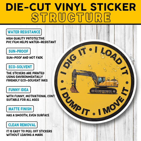 (3PCS) I Dig It I Load It I Dump It I Move It Sticker, Funny Excavator Operator Construction Vinyl Decal Waterproof for Hard Hat, Toolbox, Truck, Laptop, Water Bottle 3 Inch
