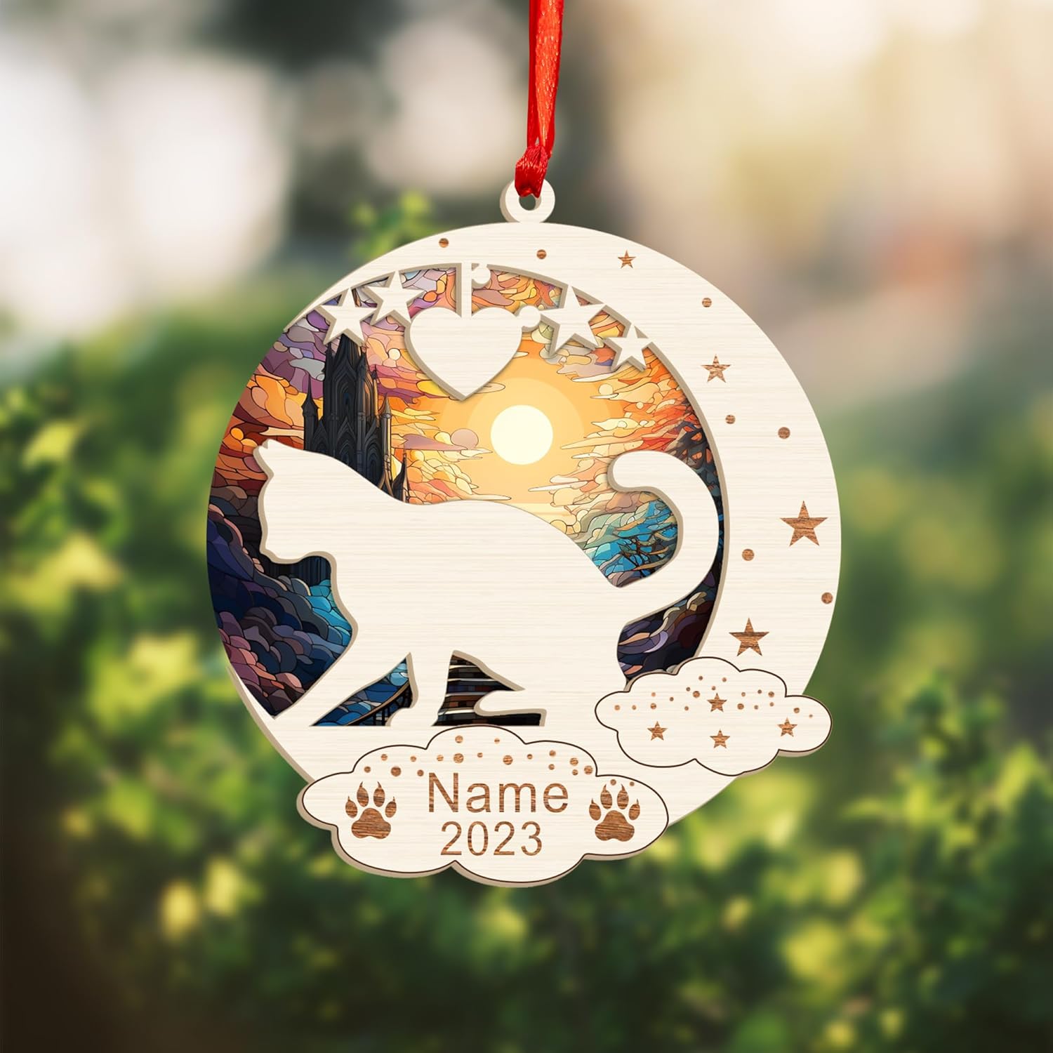 MAPrints Personalized Cat Christmas Ornaments, Cat First Christmas Suncatcher Wood Ornaments, Gifts for Cat Lovers, Cat Memorial Ornament, Forever Loved Cat Keepsake, Cat Loss Gifts (CAT 20)