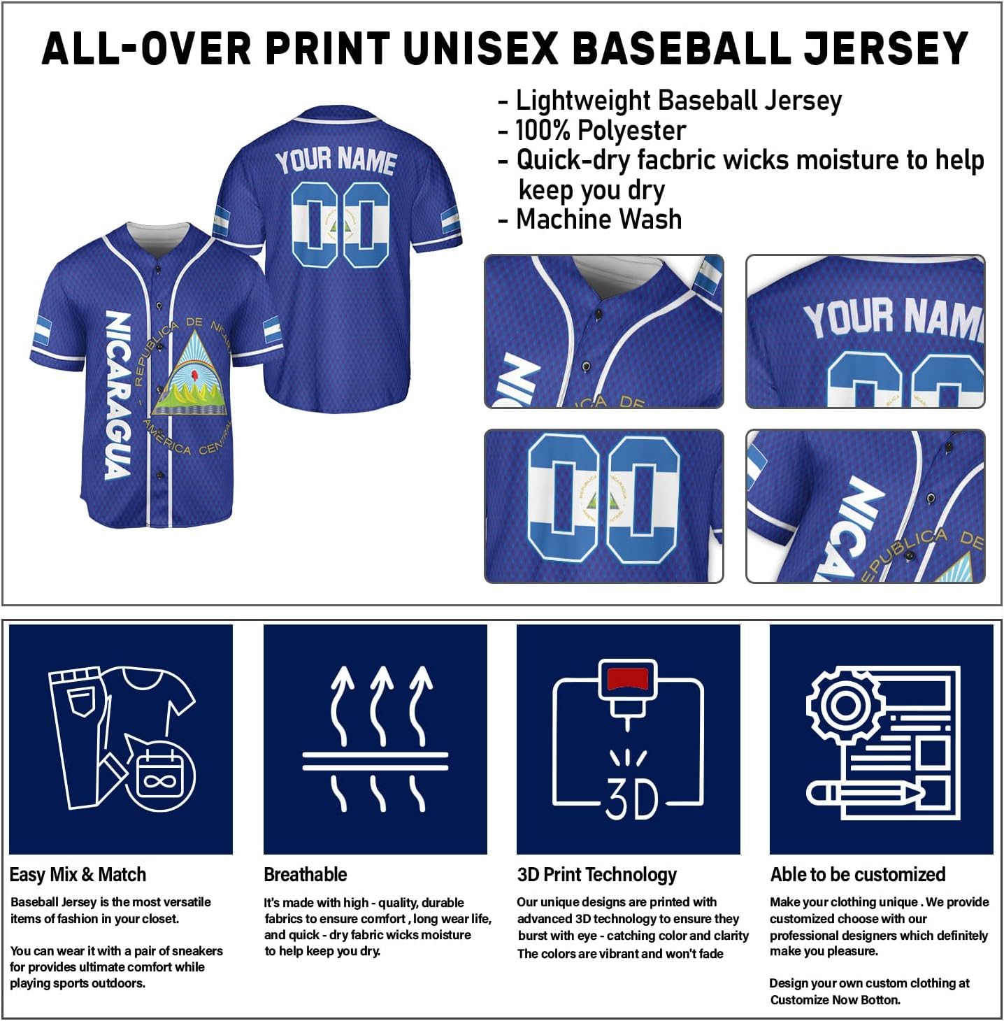 Personalized Nicaragua Baseball Jersey, Custom Nicaragua Baseball Jersey for Men & Women, Nicaraguan Camisas Shirt