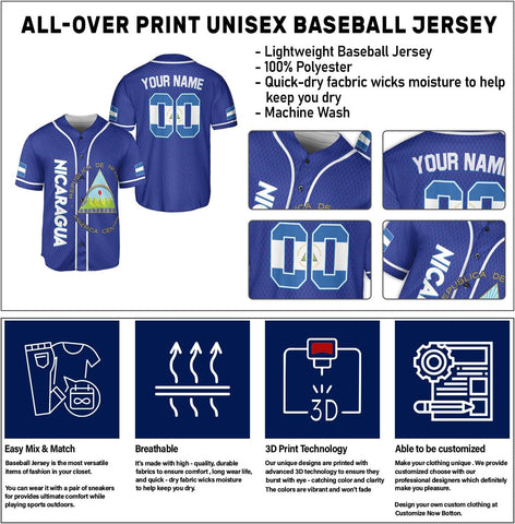Personalized Nicaragua Baseball Jersey, Custom Nicaragua Baseball Jersey for Men & Women, Nicaraguan Camisas Shirt