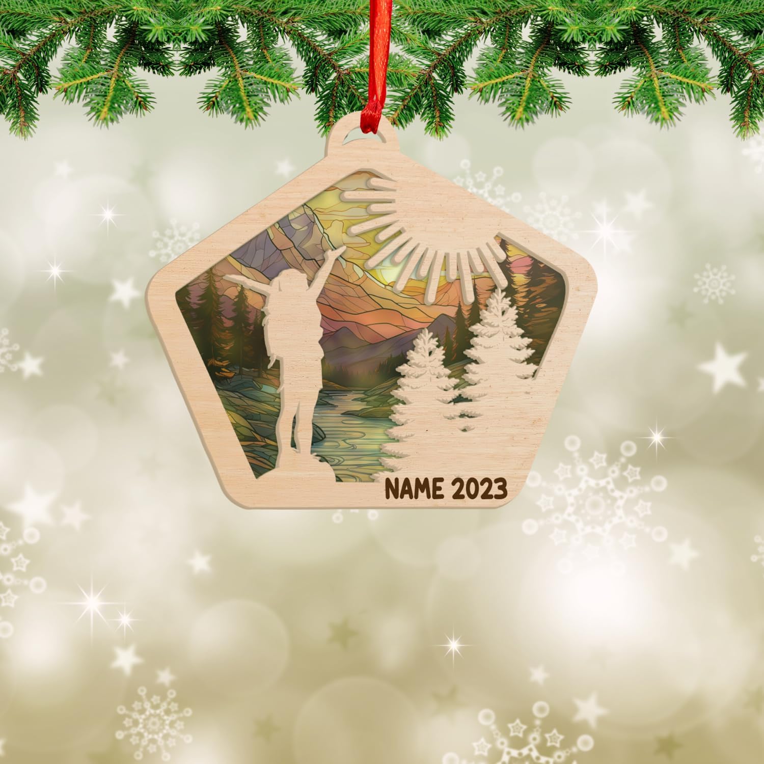 MAPrints Personalized Mountain Hiking Suncatcher Ornament, Hiker Ornament, Printed Wood Sport Christmas Ornament, Gifts for Hiking Lovers Hiking Backpack, Hanging Ornament for Christmas 2024 (Hiki 8)