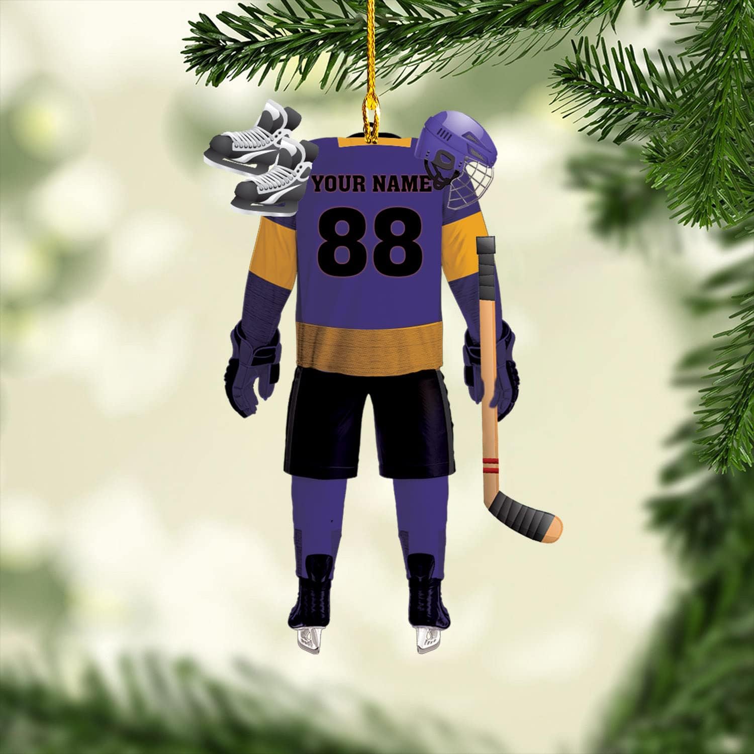 Personalized Hockey Ornaments for Xmas 2022, Hockey Ornament, Helmet and Gloves Wood Hockey Ornament, Hockey Christmas Ornament, Gift for Hockey Lovers, Christmas Pine Tree Hanging Decor Wood Ornament