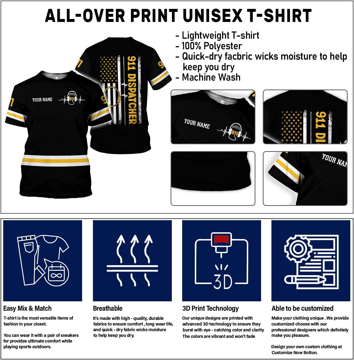 Leeprints Personalized 911 Dispatcher 3D Hoodie, Custom Sweatshirt, Thin Gold Line Flag 3D Zip Shirt