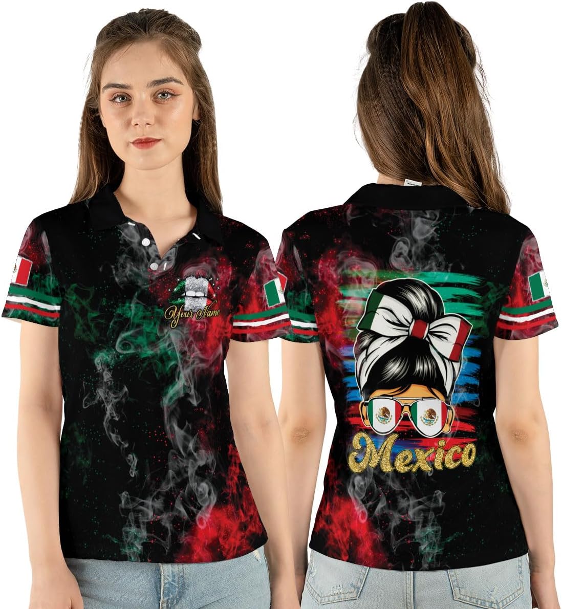 Mostprints Personalized Mexico Polo Shirts for Women, Custom Name Mexican Shirts for Women, Mexico Polo Shirt Flag Women New