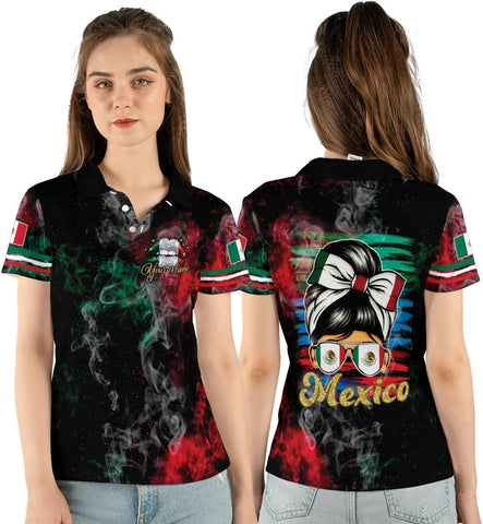 Mostprints Personalized Mexico Polo Shirts for Women, Custom Name Mexican Shirts for Women, Mexico Polo Shirt Flag Women New