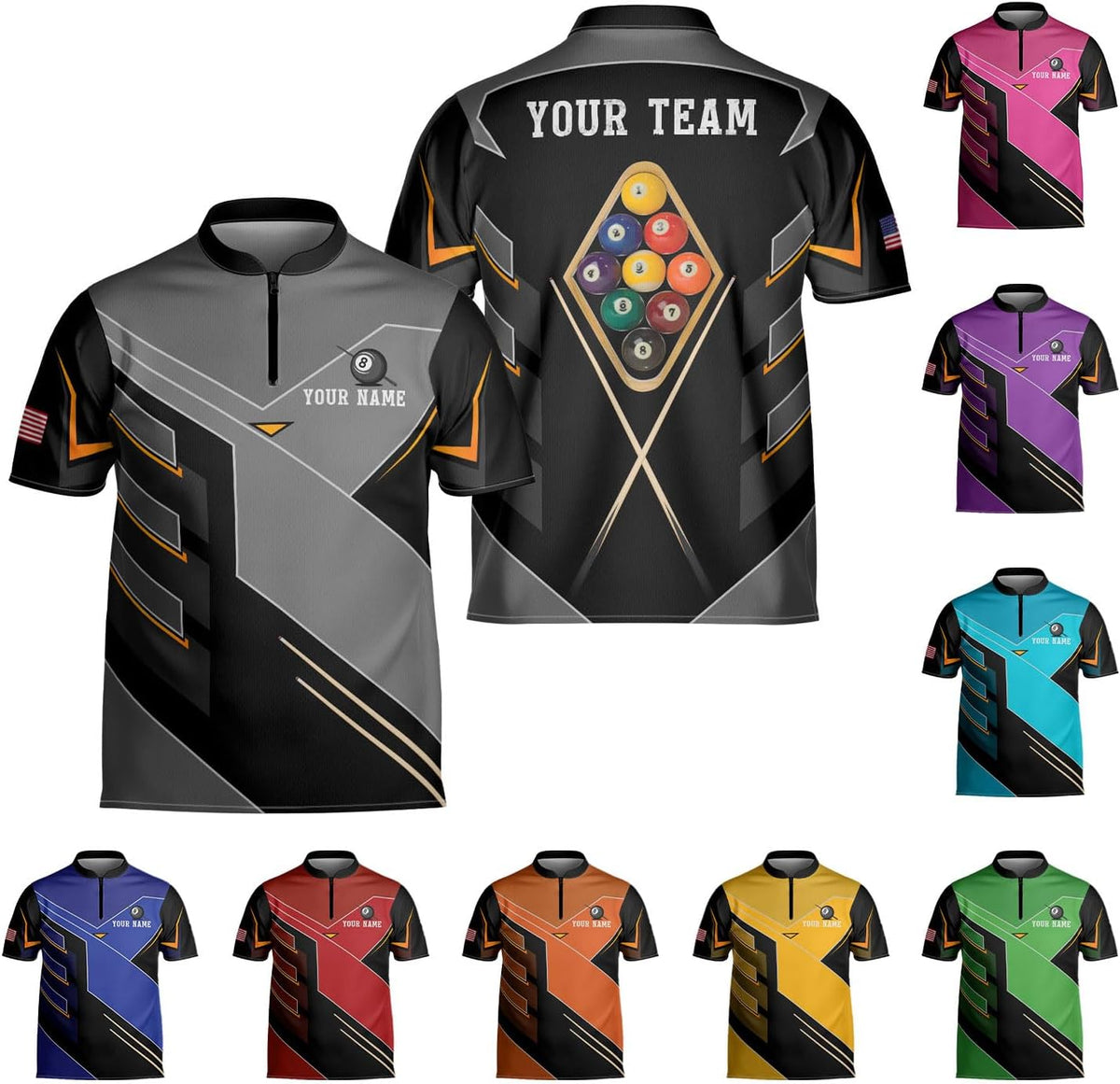 Personalized Billiard Bowling Jersey 3D Billiard Shirt Custom Billiard Flag Shirt Men's Pool Billiards Shirt 8 Ball Men Women