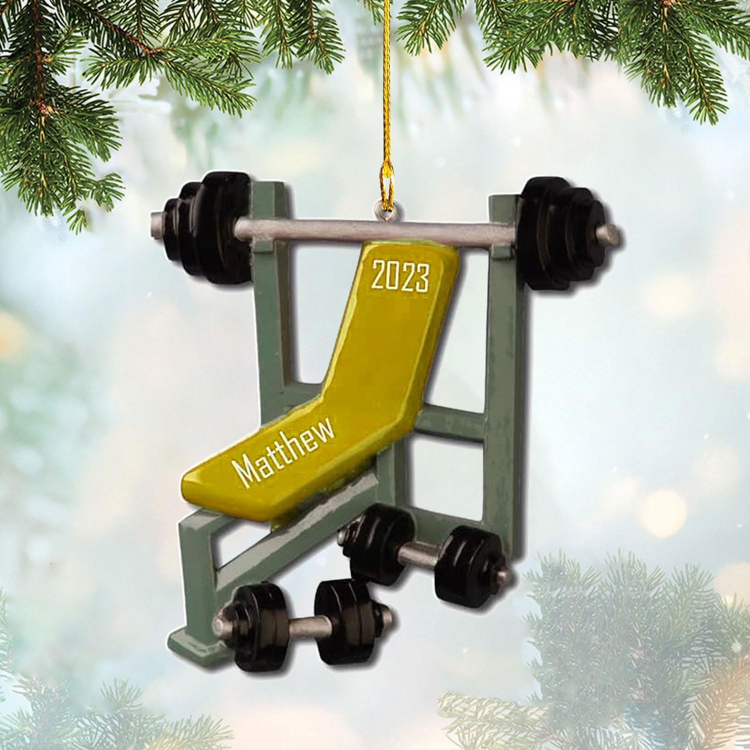 HomeDesign Personalized Dumbbell Ornament, Fitness Gift for Gym Workout Trainer Coach Instructor, Barbell Weight Plates Custom Ornament for Weightlifter, Weightlifting Ornament (D12)