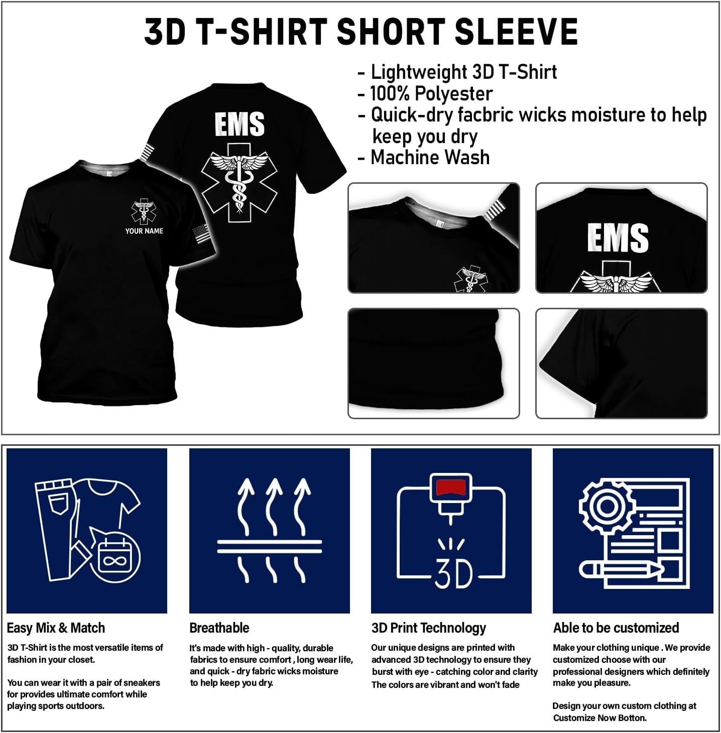 Mostefy Personalized EMT Shirt, EMS Shirt, Customized EMS Shirts,EMT Paramedic Uniform Emergency Medical Technician Shirts
