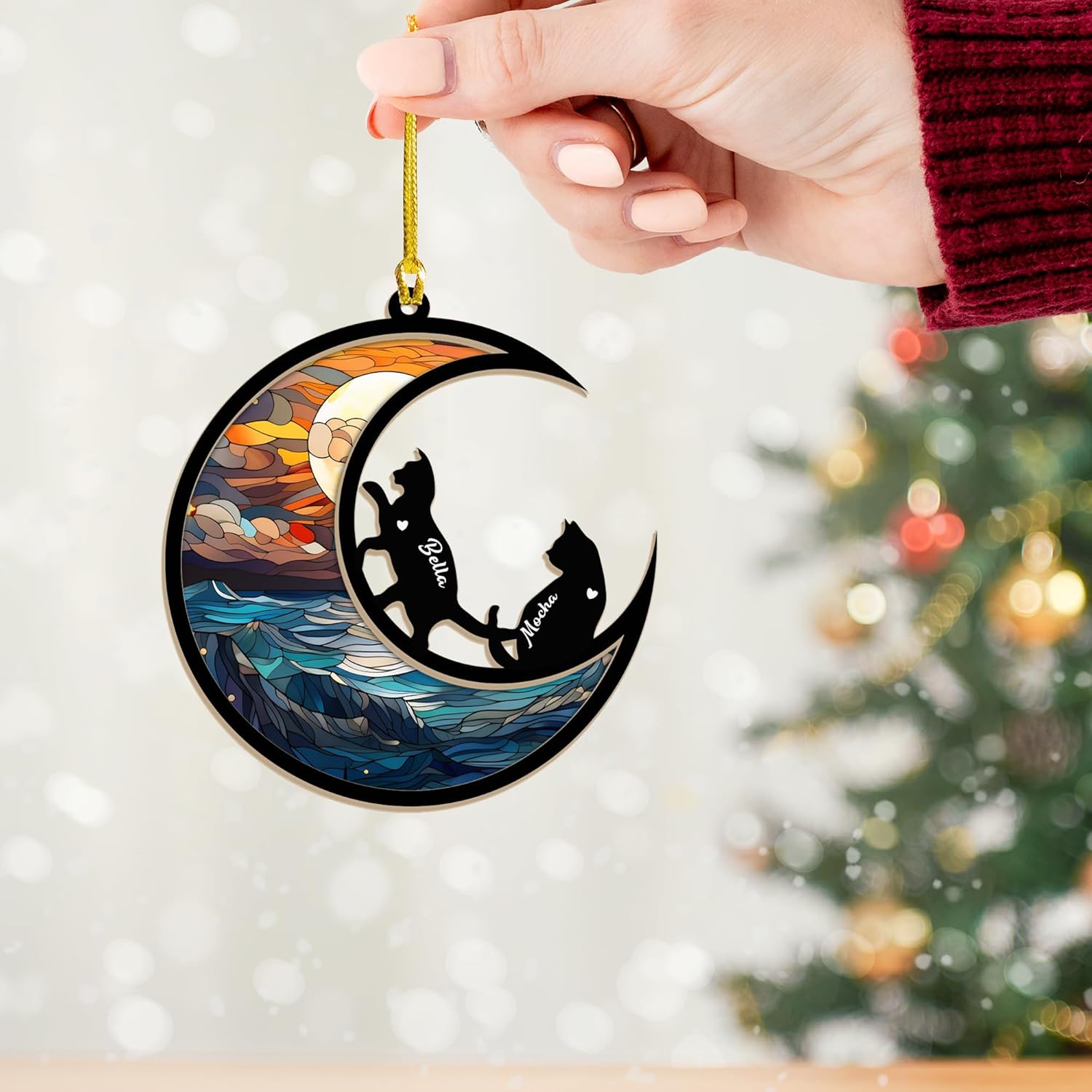 MAPrints Personalized Cat Christmas Ornaments, Cat First Christmas Suncatcher Wood Ornaments, Gifts for Cat Lovers, Cat Memorial Ornament, Forever Loved Cat Keepsake, Cat Loss Gifts (CAT 14)