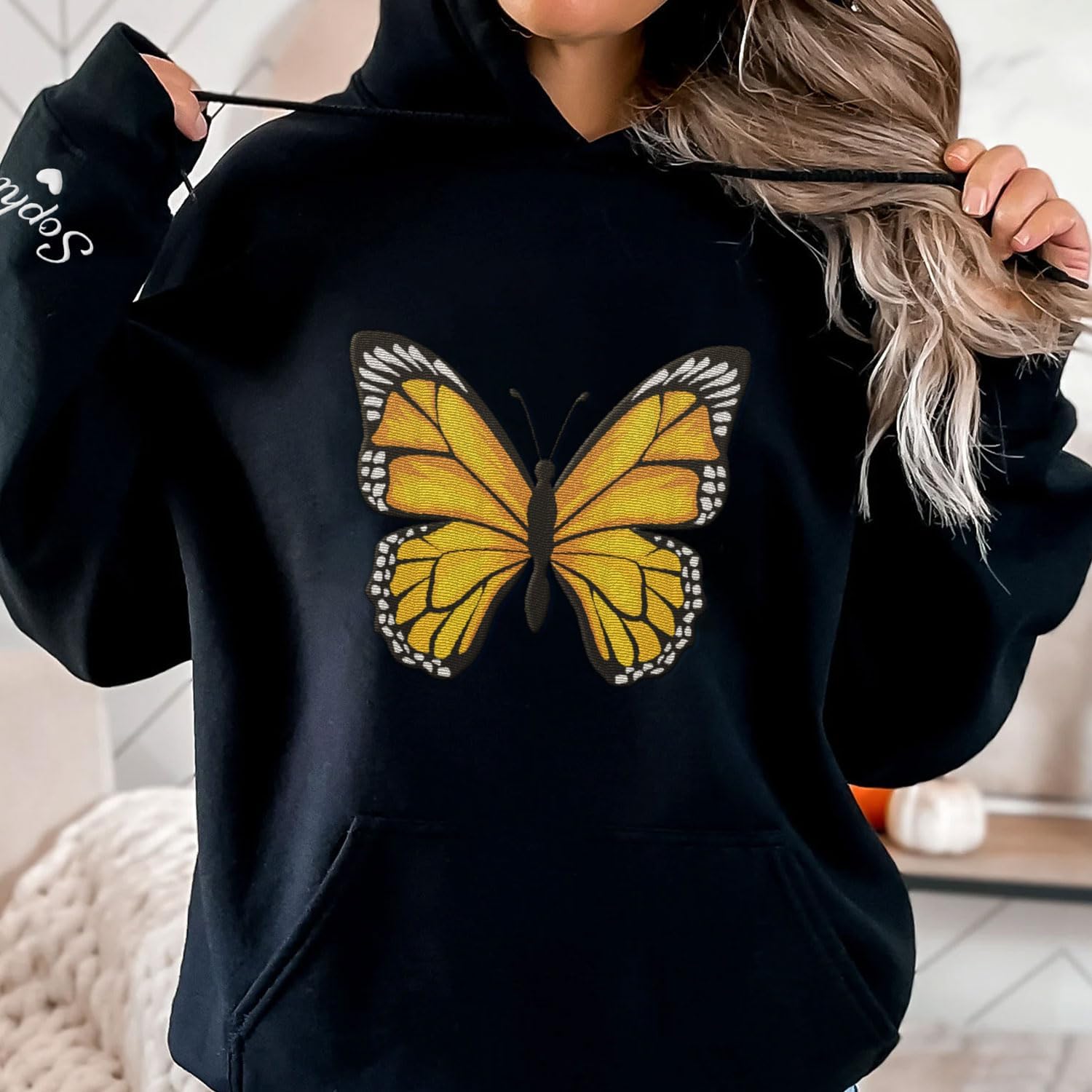 Podagree Personalized Butterfly Embroidered Sweatshirt, Custom Pink Butterfly Hoodie Name FLower Graphic