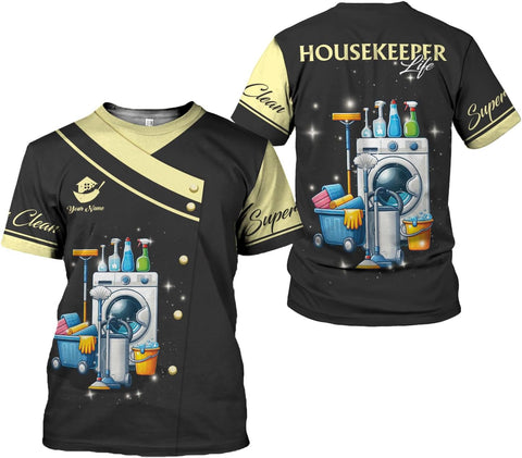 Personalized Housekeeping Shirts, Custom Cleaning Uniforms for Women 3D Cleaning Service Gifts Housekeeper Shirt Clean Lady