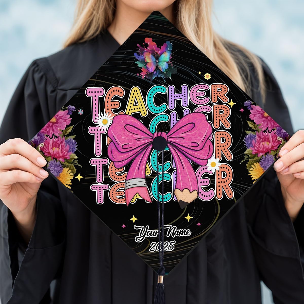 Pretyprints Personalized Teacher Graduation Cap Topper Teacher Gift Class Of 2025 Graduation Cap Decoration Topper
