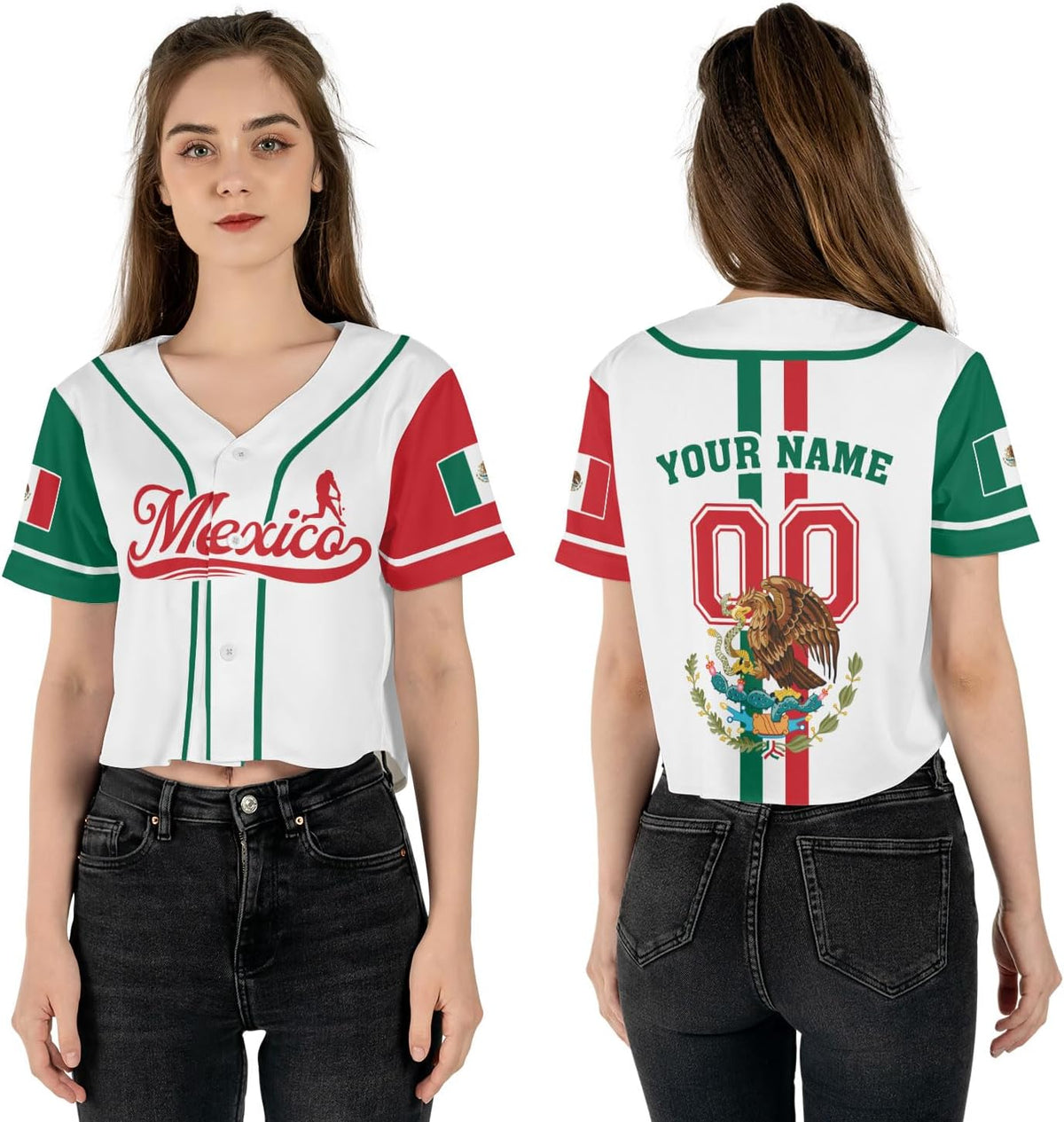 Mostprints Personalized Name Number Mexico Baseball Jersey Croptop Shirt, Mexican Shirts for Women, Mexico Shirts for Women