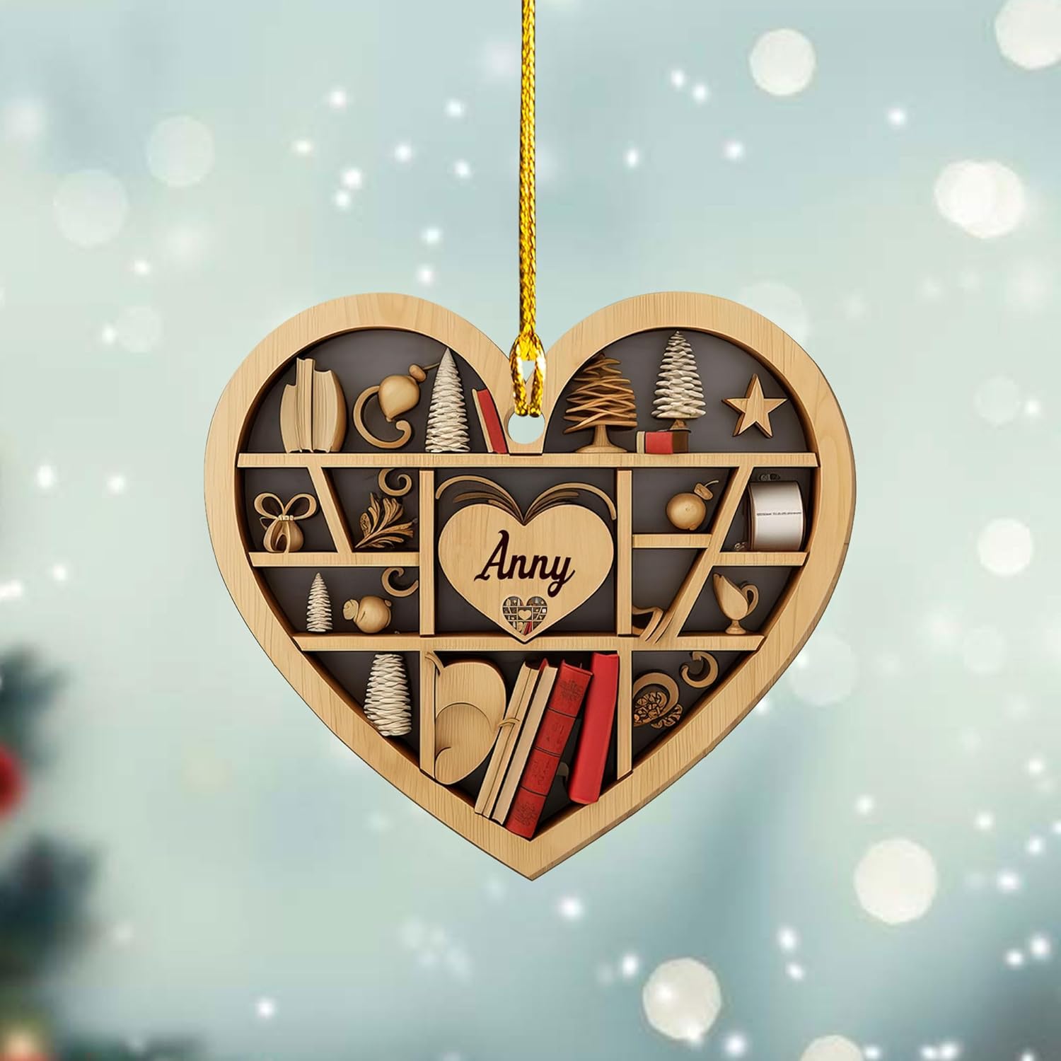 MAPrints Personalized Book Lovers Heart Ornament, Reading Book Xmas Ornament 2024, Bookshelf Printed Wood Ornament Gift for Her Librarian 2D Flat Printed Wood Book Lovers Ornament (Book 4)
