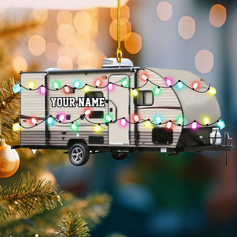 Personalized Travel Trailer Camping Backpacked Ornament Shaped Print Flat Two Sided Mica Plastic Family Custom Name Christmas Tree Hanging Pine Decorations for Couple Friends (1, CP12)