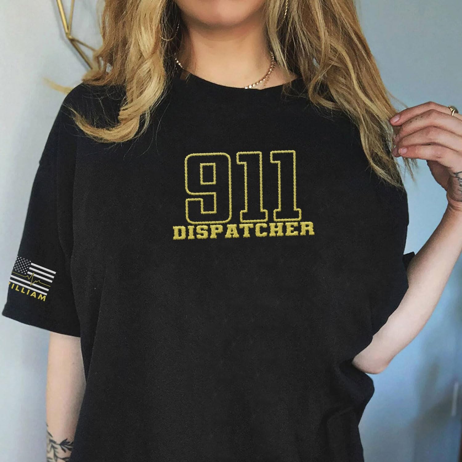 Custom Dispatcher Embroidered Sweatshirt with Thin Gold Line Flag 911 Emergency Services Personalized Shirt for Men and Women