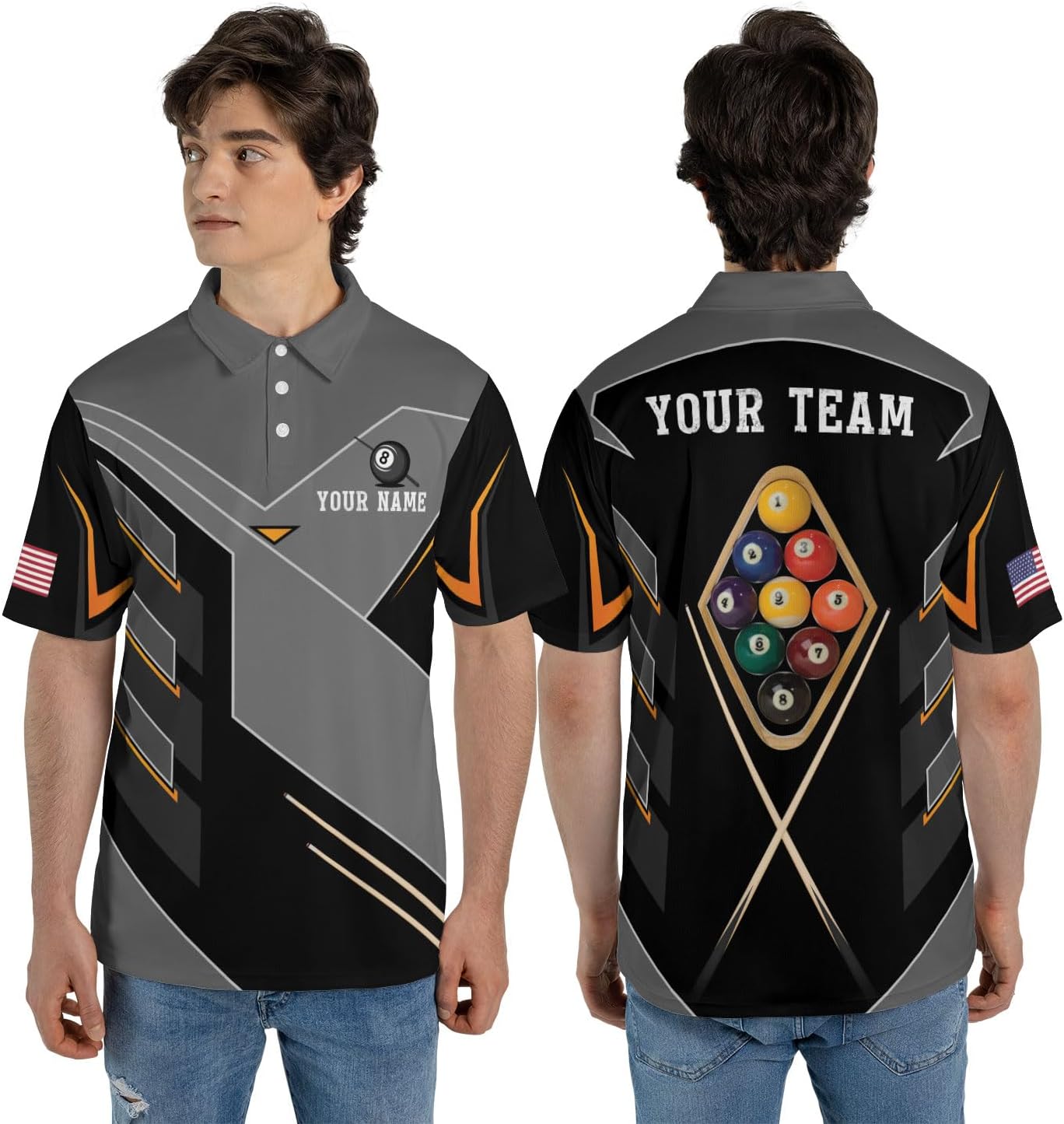 MoonArt Personalized Billiard Polo Shirts, Billiards Shirts for Men, Pool Shirts, 3D Billiards 8 Ball Pool, Billiard Team