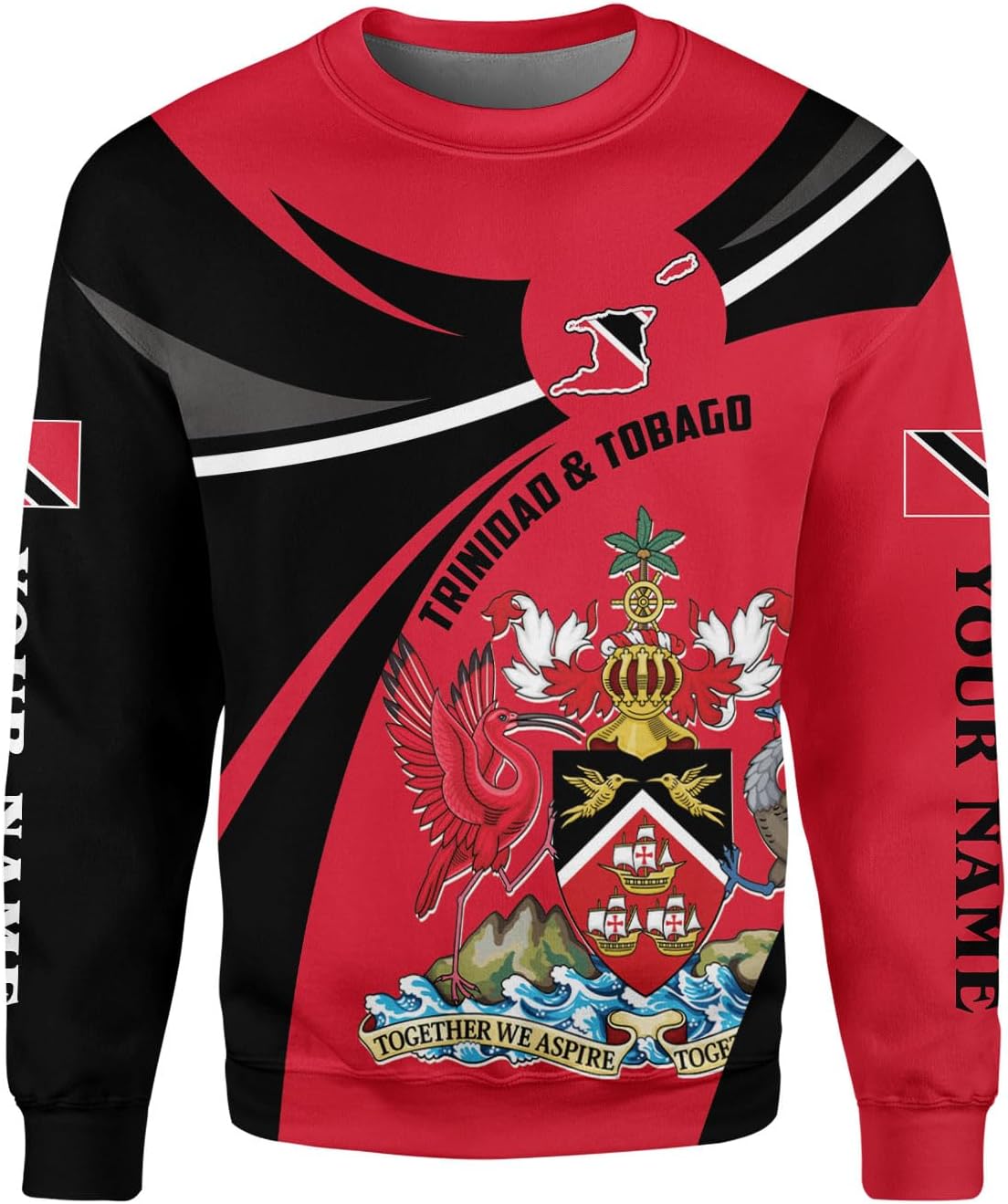 Vybonz Personalized Trinidad & Tobago Hoodie 3D Trinidad and Tobago Coat of Arms Flag Sweatshirt Trinidad Pride Zip Hoodie
