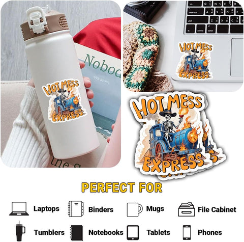 3PCS Hot Mess Express Funny 3" Sticker, Skeleton Train Meme Humor Design, Die Cut Waterproof Vinyl Decal for Laptop, Water Bottle, Car, Phone, Window, Helmet, Notebook