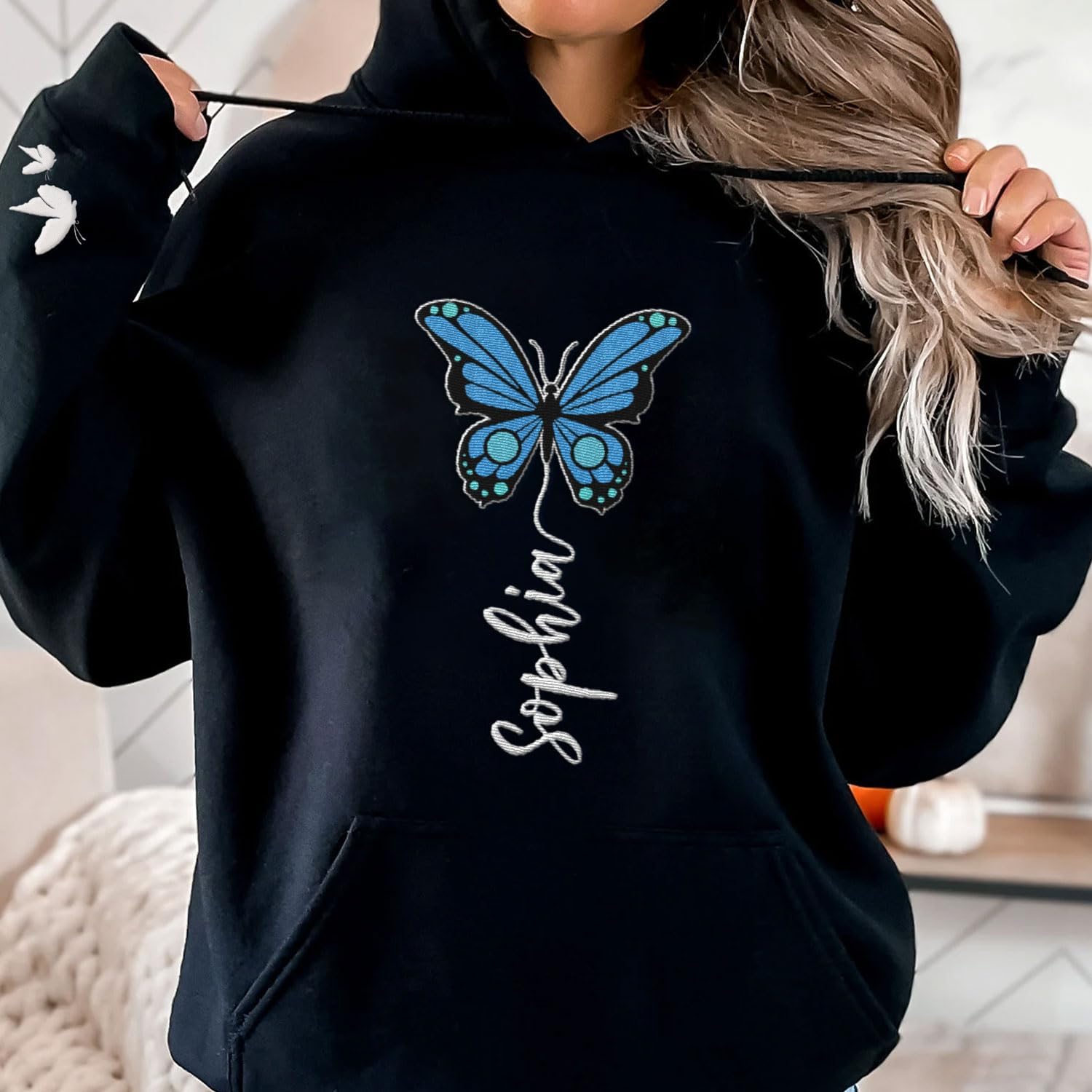 Podagree Personalized Butterfly Embroidered Sweatshirt, Custom Pink Butterfly Hoodie Name FLower Graphic