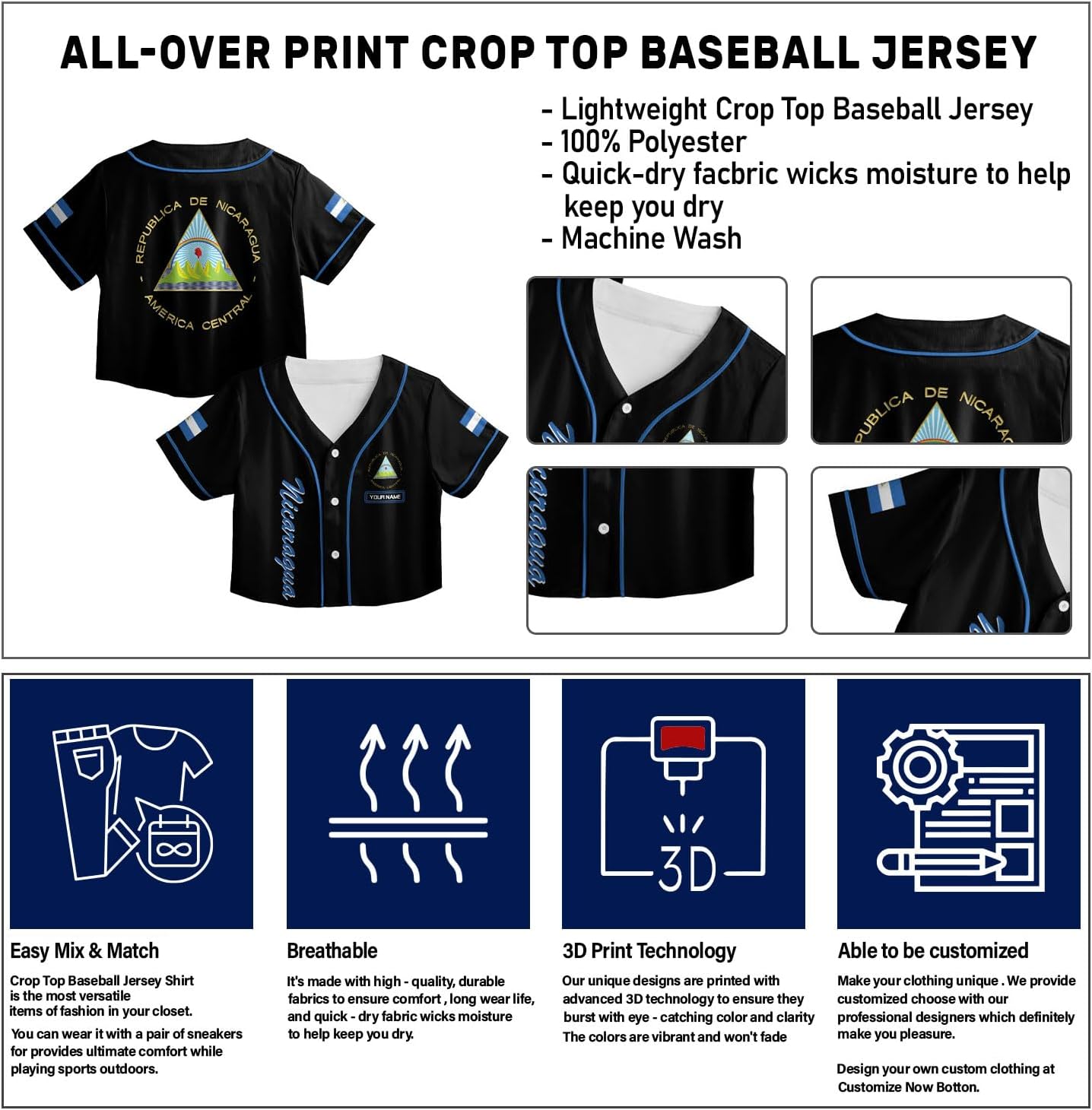 Personalized Nicaragua Baseball Croptop Shirt, Nicaraguan Flag Jersey for Women Jersey Pride