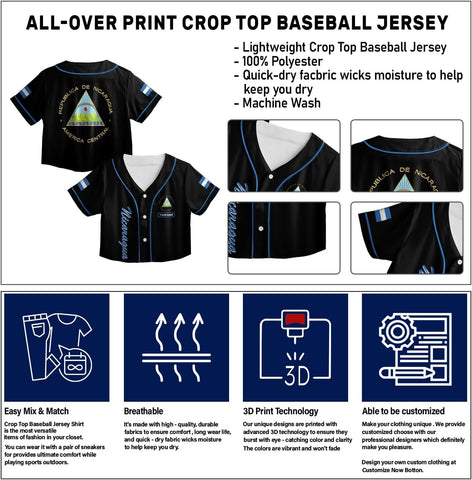 Personalized Nicaragua Baseball Croptop Shirt, Nicaraguan Flag Jersey for Women Jersey Pride