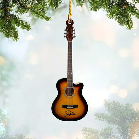 Personalized Acoustic Guitar Ornament - Guitar Christmas Plastic Wooden Ornament, Musical Instrument for Band, Red Electric Guitar Instrument, Custom Name Gift for Guitarist, Songs Music Notes (GT2)