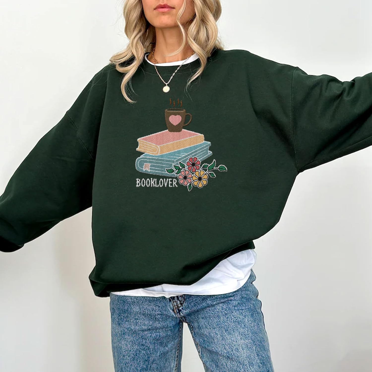 Suseaz Embroidered Book Lover Shirt for Women Custom Reading Sweatshirt Bookish Hoodie Gifts for Teacher Booktrovert