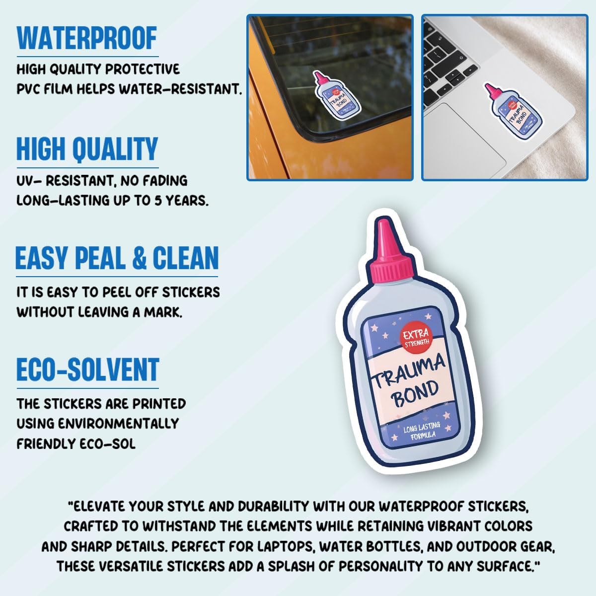 3 Pcs Trauma Bond Sticker, Funny Mental Health Gift for Therapy, Sarcastic Humor Bonding Decal, Self Care Notebook Vinyl Sticker 3 Inches for Water Bottle Laptop Phone Car Helmet