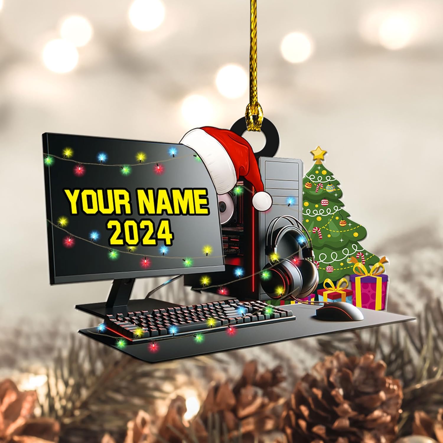 Podagree Personalized Name PC Computer Ornament Christmas, Shape Flat Christmas Ornament for Gamer, Gaming Gamer Christmas Ornament Gift for Boys, PC Game Player Decoration with Custom Name (CPT7)