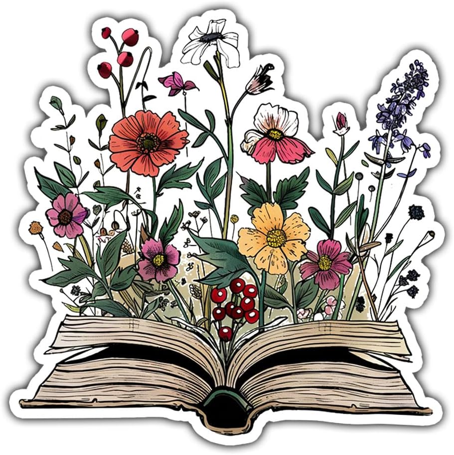 3 Pcs Flower Sticker Book, Books Car Decal Vinyl Stickers, Flower Car Sticker, Book Club Decorations - Stickers for Laptop Water Bottle Phone Car Window Helmet Vinyl Stickers 3 Inches